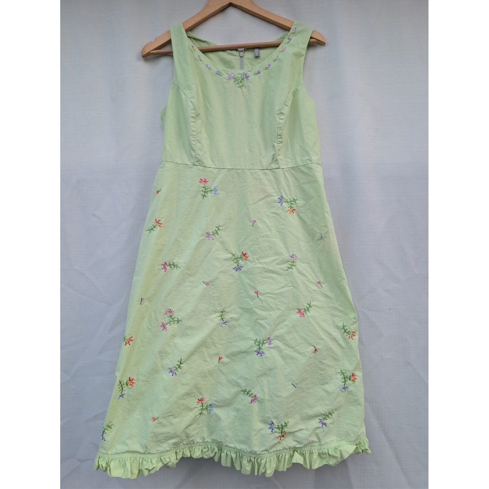 Hanna Andersson‎ Embroidered Floral Dress Womens 10 Green Cotton Ruffle Vintage